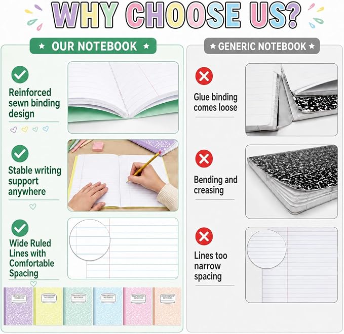 6 Pack Large Composition Notebooks Bulk 9.8 × 7.5 in Wide Ruled Hard Cover - Image 4