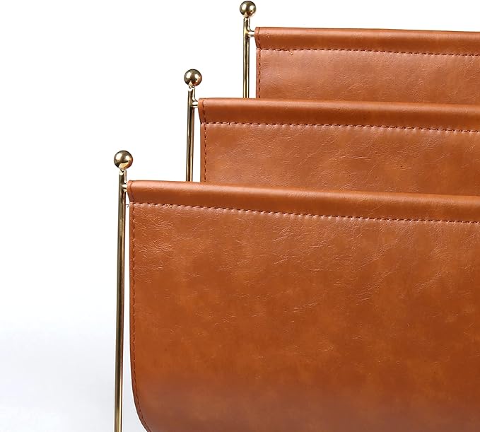 Plated Metal Wire and Leatherette Magazine Holder Rack, 2-Slot Standing Rack for Magazines, Books, Newspapers, Home Staging Decoration-DeskLoop Office