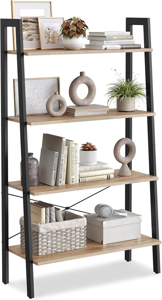 VASAGLE Ladder Shelf, 4-Tier Bookshelf, Storage Rack, Bookcase with Steel Frame, for Living Room, Home Office, Kitchen, Bedroom, Industrial Style, Camel Brown and Ink Black ULLS144B50-DeskLoop Office