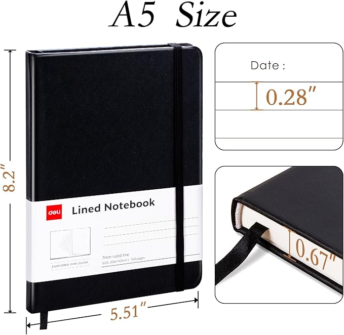 deli A5 Lined Journal Notebook, 160 Pages Hardcover Writing Notebook, 5.5"x8.2" College Ruled Notebook for Office, School, Work Notes (Black)