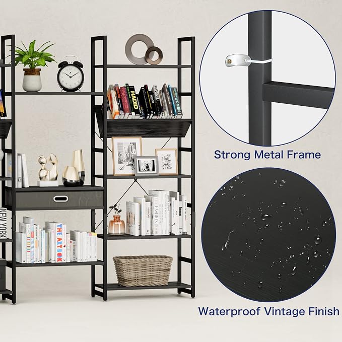 NUMENN Triple Wide 5 Tier Bookshelf, Adjustable Rustic Industrial Style Book - Image 7
