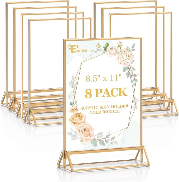 EHWINE 8 Pack Acrylic Sign Holder 8.5 x 11, Double Sided Gold Picture Frame by EHWINE