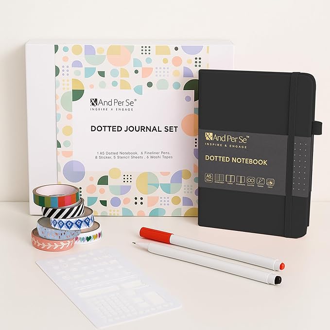 &And Per Se Dotted Journal Notebook Set, A5 Hardcover Dotted Journal (Black), 6 Fineliner Pens, 8 Sticker, 5 Stencil Sheets & 6 Washi Tapes, Journaling Supplies for Planner Schedule-DeskLoop Office