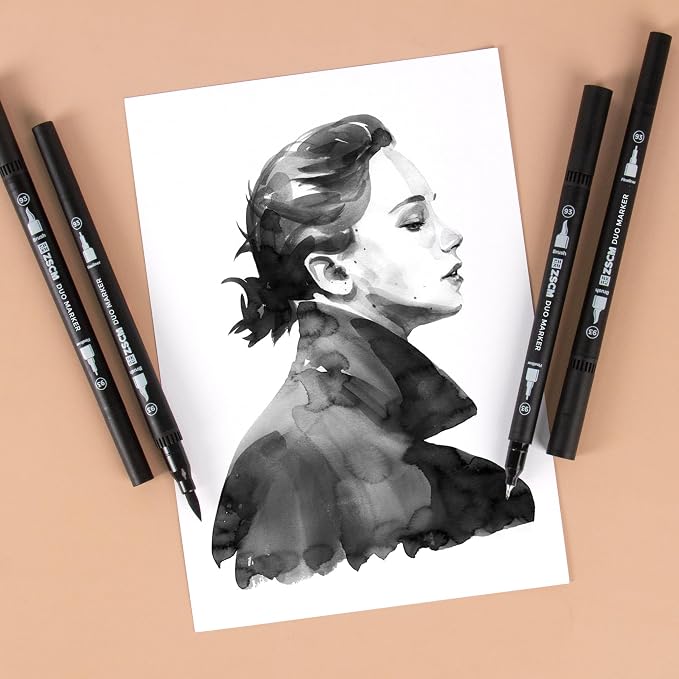 ZSCM Black Duo Tip Marker Pens, 12 Pack Fine & Brush Markers - Image 4