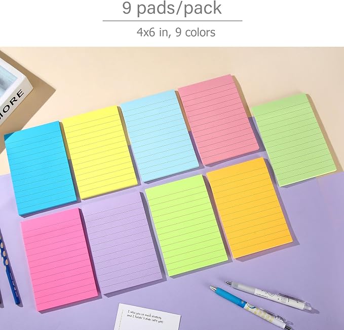 9 Pack Lined Sticky Notes 4x6 in Bright Colors Self-Stick Note Pads - Image 6