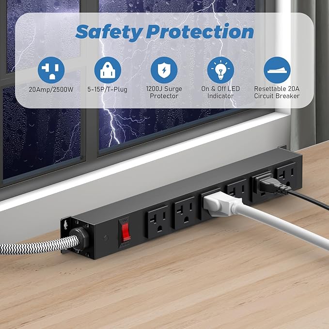 Heavy Duty Power Strip 20 amp Surge Protector,Wall mountable Power Strip,12 Gauge Extension Cord 5-15P Adapter High Amp 6-20R T-Slot Industrial Outlet,for Garage,Workshop & Industrial-DeskLoop Office