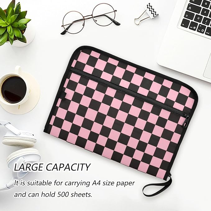 Black Pink Checkerboard Accordion File Organizer Expanding Document Folder - Image 6