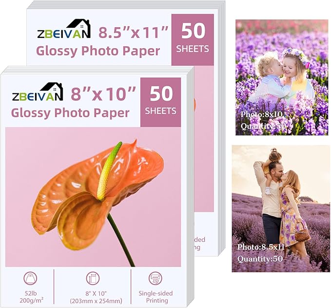 ZBEIVAN Photo Paper 8x10, 8.5x11 inch, Glossy Photo Papers 100 Sheets, 200 GSM Paper for Printer (50 Sheets of each size 8x10, 8.5x11)-DeskLoop Office