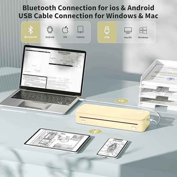 JADENS Portable Printers Wireless for Travel, Thermal Inkless Printer, Support 8.5" X 11" Thermal Paper(Yellow)-DeskLoop Office