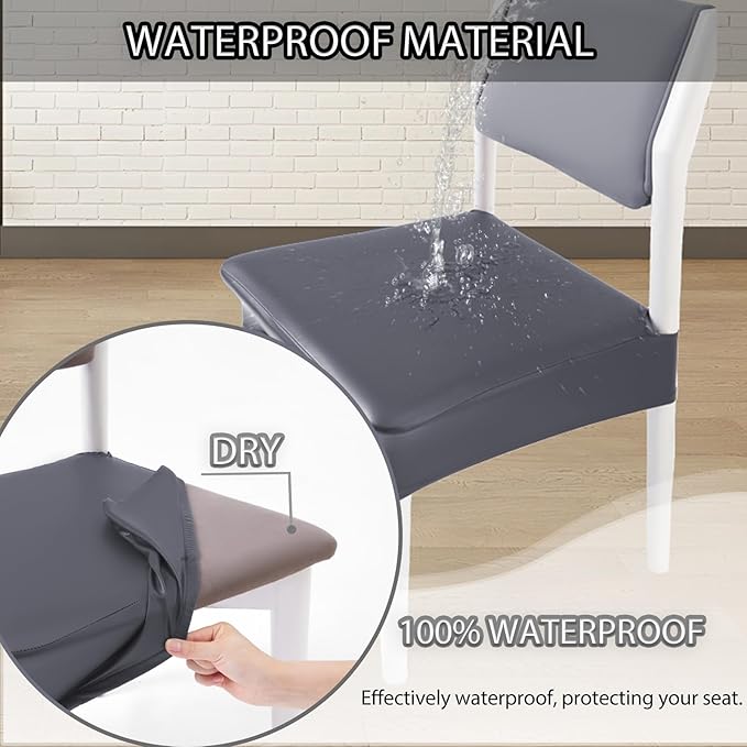 CWK Waterproof PU Leather Dining Chair Covers Set of 2-Stretchable Chair Seat Slipcovers, Removable & Washable Protector for Dining Room,Home,Office,Wedding,Rear Covers (PU-Grey)-DeskLoop Office