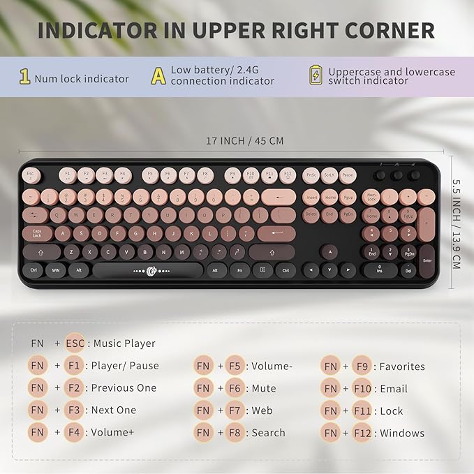 FD Wireless Keyboard and Mouse Combo - 2.4G Full-Sized Cute Colorful Mouse and Keyboard with 104 Round Keys Retro Typewriter Keyboard for Laptop/Windows/PC - Black Gradient-DeskLoop Office
