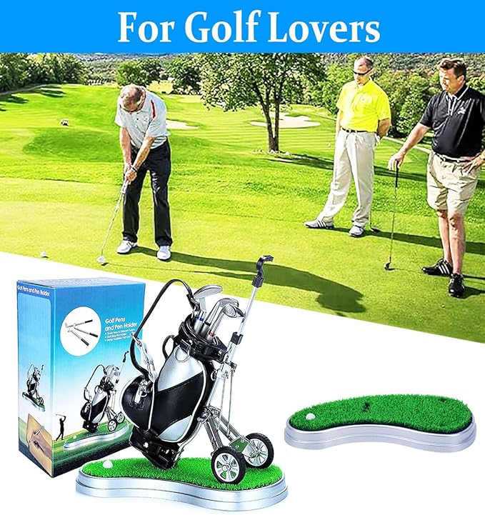 Golf Pen Holder with 3 Club Pens and Movable Golf Cart, Mini Golf Bag Desk Decor for Office, Funny Golf Gifts for Men, Dad, Boss - Stocking Stuffers for Golfers on Birthday, Christmas, Fathers Day-DeskLoop Office