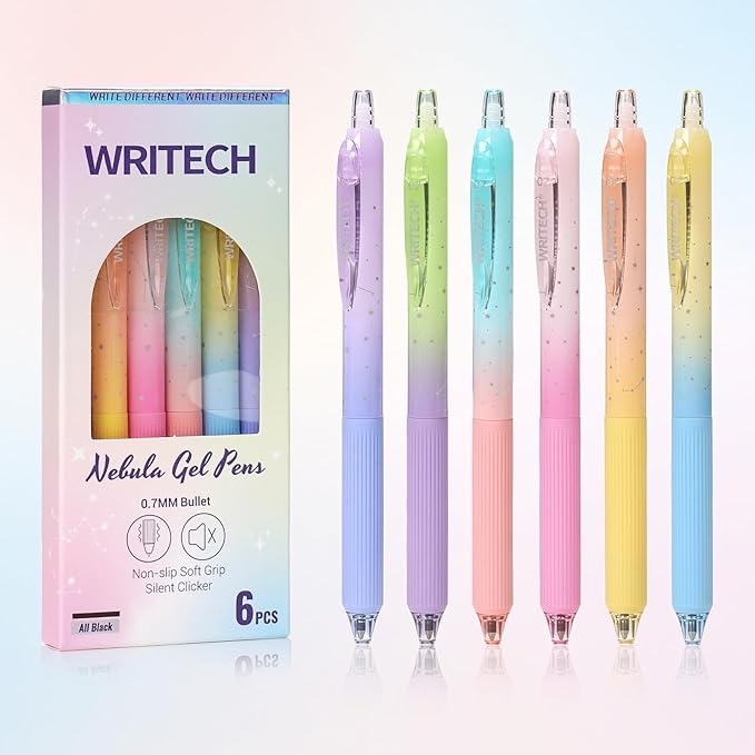 WRITECH Gel Pens Fine Point: Nebula Pen Set 0.7mm Black Ink Retractable 6ct by WRITECH