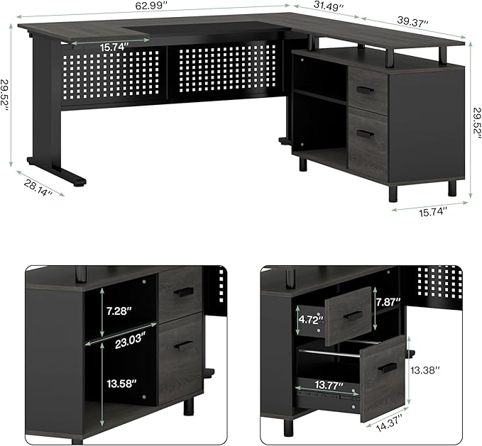 Tribesigns 63 Inch Executive Desk with File Cabinet, Large Office Desk L Shaped Computer Desk with Drawers and Storage Shelves, Business Furniture Desk Workstation for Home Office, Gray and Black-DeskLoop Office