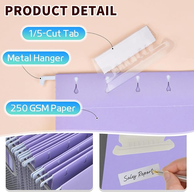 25-Pack Light Purple Hanging File Folders, Letter Size, Includes 35 Transparent - Image 3