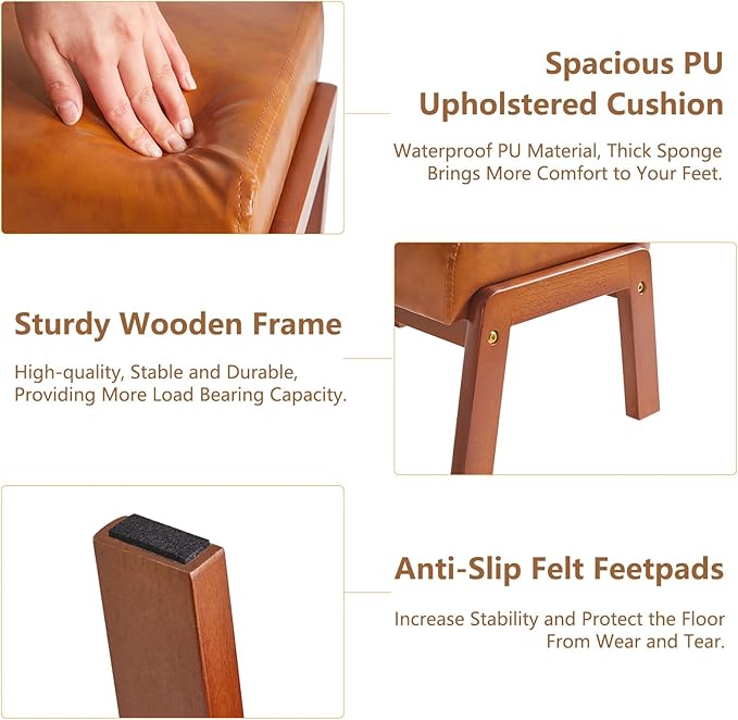 IBUYKE 10.2” H Small Foot Stool Ottoman, Rectangle PU Faux Leather Foot Rest with Padded Seat and Wood Legs, Modern Ottoman Foot Rest for Living Room Bedroom Couch Office, Yellowish-Brown WBD013J-DeskLoop Office