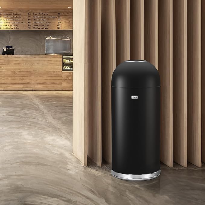 EKO Eternal 56L/15 Gallon Large Capacity Tall Commercial Trash Can, Round Open Top Waste Bin for Indoor and Outdoor, Black Steel Heavy-Duty, Durable Metal Garbage Bin for Home, Office, Restaurant-DeskLoop Office