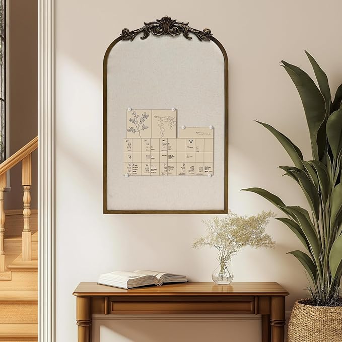 Arch Fabric Pinboard, Antique Gold Bulletin Boards 19"x31", Vintage Cork Board with Ornate Iron Frame for Wall Unique Display, Organization and Decor Options-DeskLoop Office