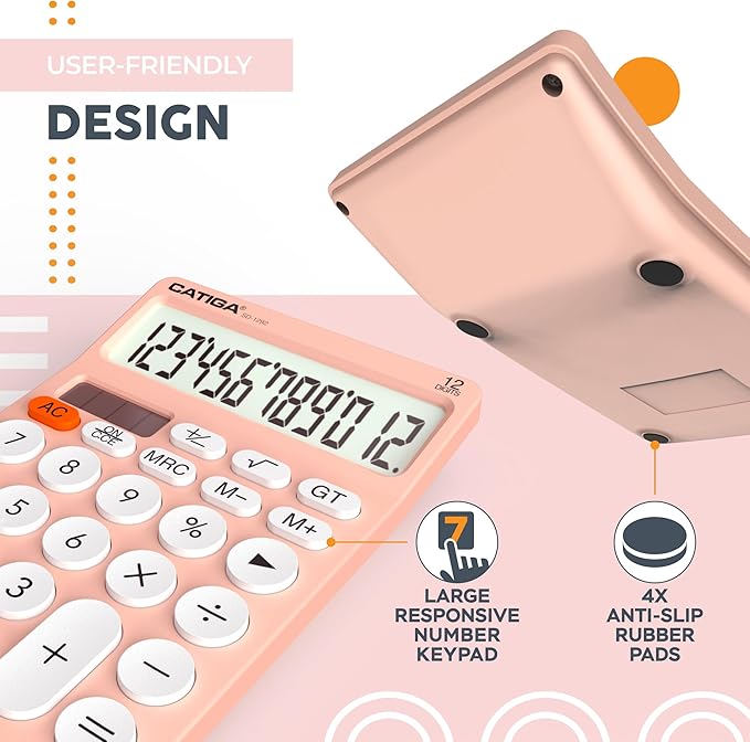 CATIGA 12 Digit Desktop Calculator Basic Desk Calculator with Large LCD Display, Big Buttons, 4 Function, Solar and Battery Dual Power, for Office, School, Home, SD-1292 Pink-DeskLoop Office
