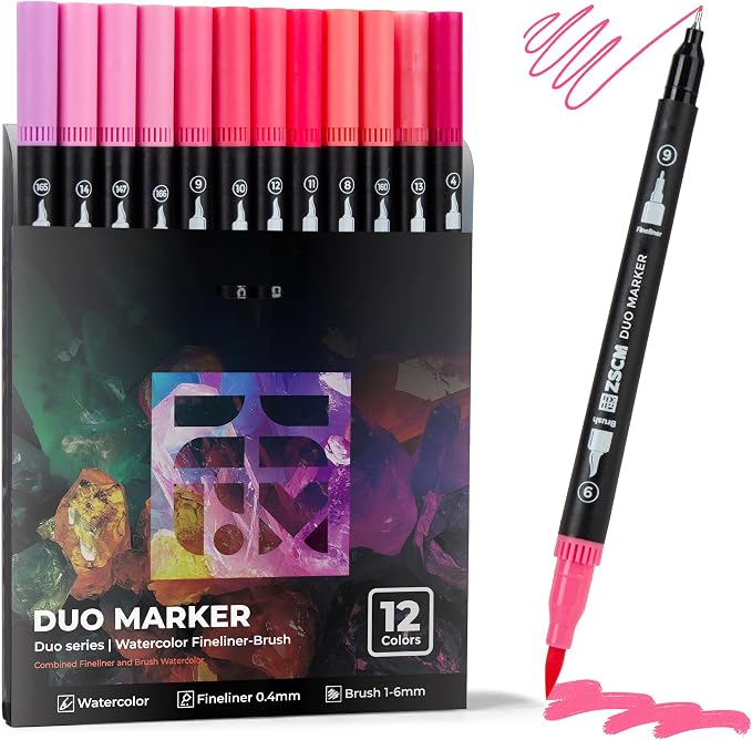 ZSCM Pink Duo Tip Marker Pens, 12 Pack Fine & Brush Markers by ZSCM