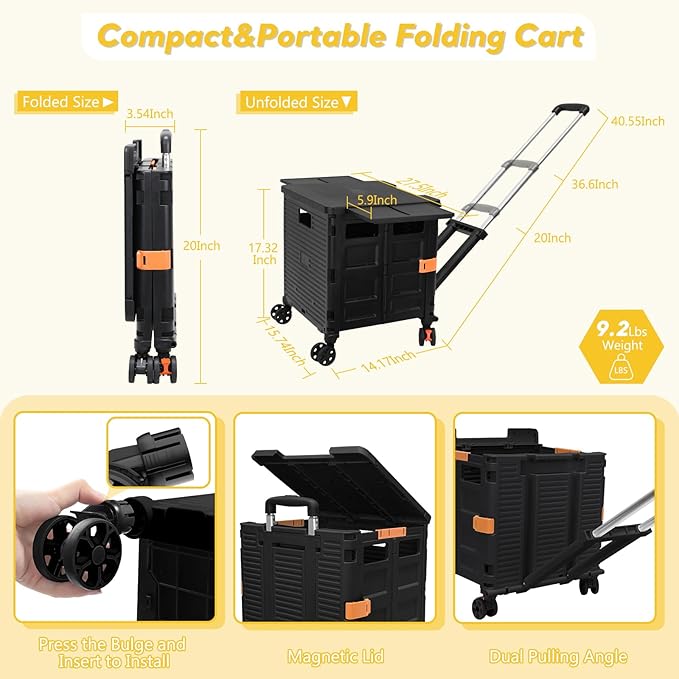 FELICON SELORSS Folding Utility Cart Portable Rolling Crate Handcart-Black | - Image 6
