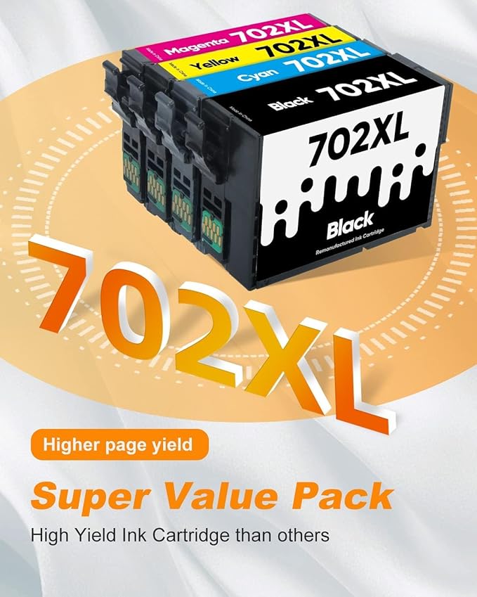 MILEKO 702XL Ink Cartridges Remanufactured Replacement for Epson 702XL 702 702 XL T702XL use with Workforce Pro WF-3720 WF-3730 WF-3733 Printer (1 Black 1 Cyan 1 Magenta 1 Yellow,4 Pack High Yield)-DeskLoop Office