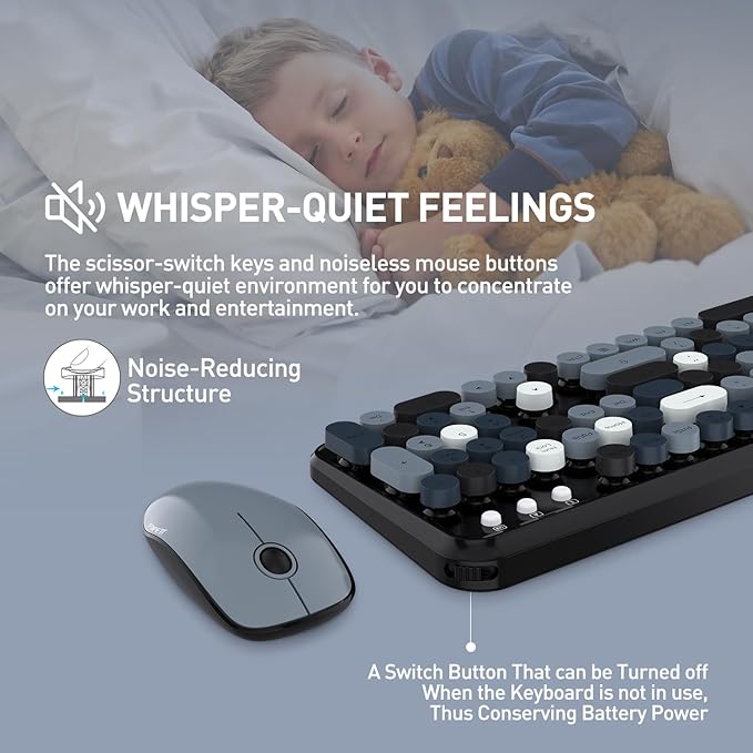 FOPETT 2.4GHz Wireless Keyboard and Mouse Set with Switch Button - Full-Size Keyboard - Compatible for Windows/Laptop/PC/Notebook/Smart TV and More - Grey Colorful-DeskLoop Office