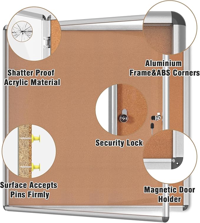 38"x38" Enclosed Bulletin Board, Lockable Weather-Resistant Aluminum Cork Noticeboard for School & Office, Silver Frame w/Cork-DeskLoop Office