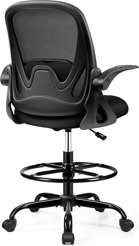 Drafting Chair Tall Office Chair with Flip-up Armrests, Adjustable Height, and Enhanced Lumbar Support - Ergonomic Rolling Stool, Back Support, and Adjustable Foot Rest Ring for Standing Desk Black-DeskLoop Office