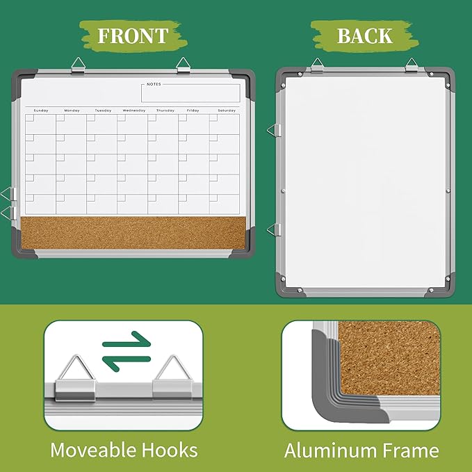 Dry Erase Calendar White Board for Wall, Polegas 17" X 13" Magnetic Whiteboard Dry Erase Cork Board Combination, Small Wall Monthly Double Sided Boards Student, Home, Office (White)-DeskLoop Office