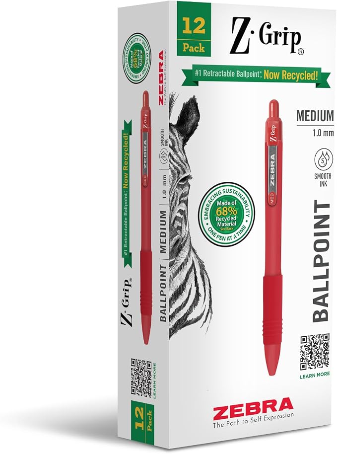 Zebra Pen Z-Grip Recycled Retractable Ballpoint Pens, Durable Metal Clip by ZebraPen