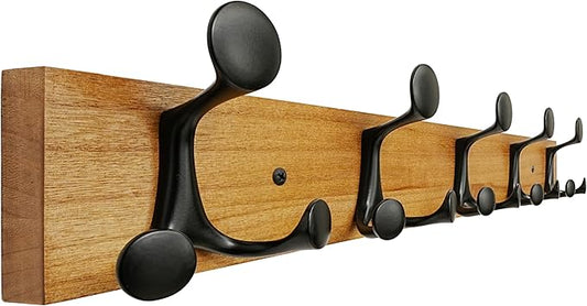 SKOLOO 24-Inch Light Brown Wood Coat Rack Wall Mount with 5 Triple Hooks - Ideal for Family Entrances, Classrooms, and Pet Supplies Storage - Perfect Coat Hooks for Wall-DeskLoop Office
