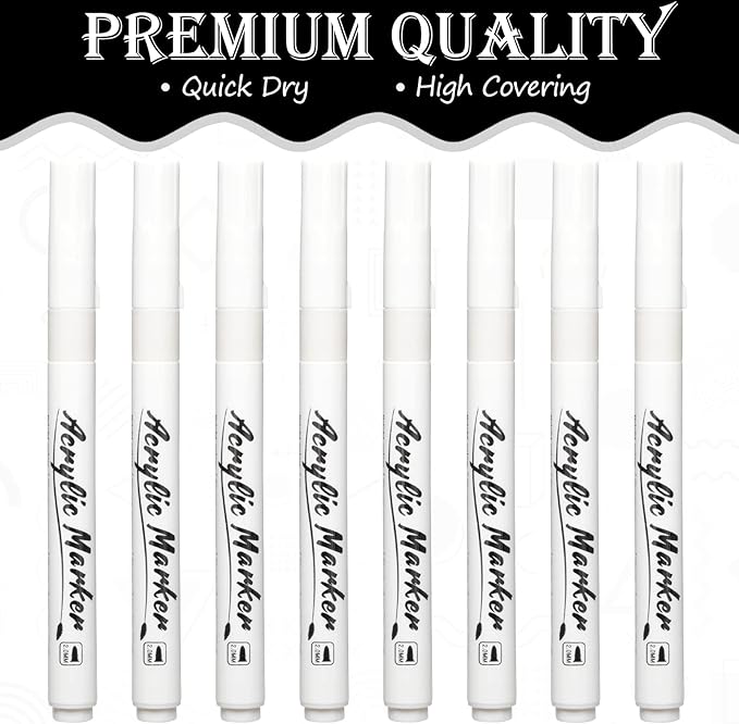 White Markers Pen, 8 Pack Paint Pens, Fine Tip Acrylic White Permanent Markers for Sketching, Drawing, Wood, Rock, Tyres, Plastic, Leather, Glass, DIY Painting-DeskLoop Office