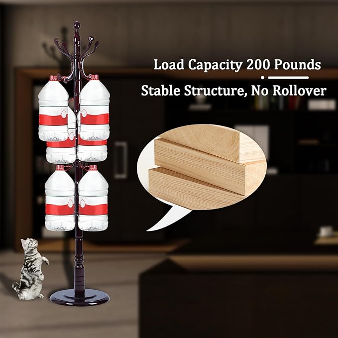 Coat Racks FreeStanding with 14 Hooks, Natural Wood Coat Rack with Solid Round Base, Adjustable Height Coat Racks, Easy Assembly for Hallway, Bedroom and Office (Rosewood Ruyi Hook)-DeskLoop Office