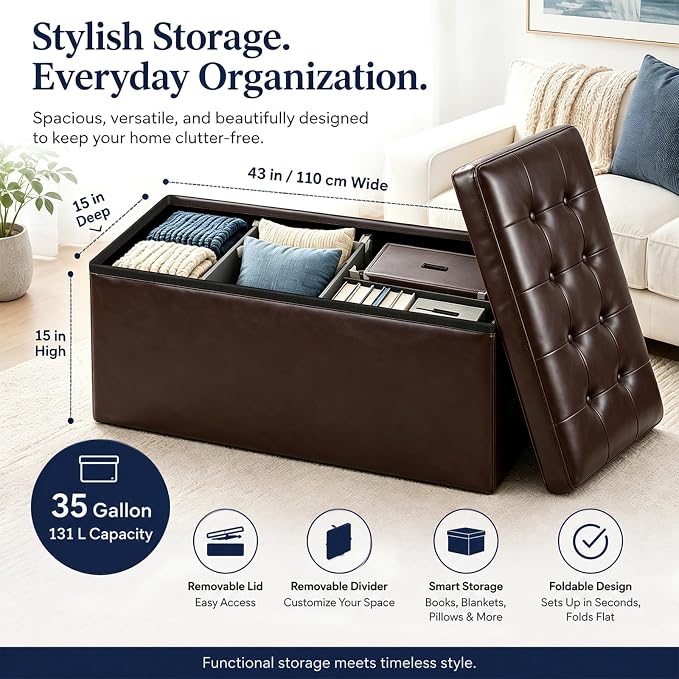 ALASDO 43 Inch Folding Storage Ottoman Bench - Image 5