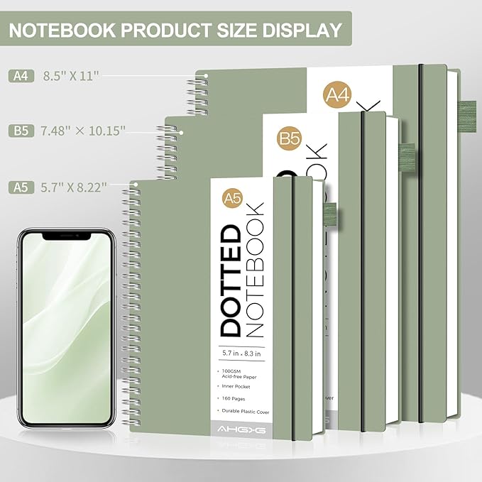 AHGXG Bullet Dotted Journal - Dot Grid Spiral Notebook 8.5" x 11", A4 Large Dotted Notebook, 100 GSM Thick Paper, Waterproof Plastic Cover Journals for Bullet Journaling, Sketching, Sage Green-DeskLoop Office