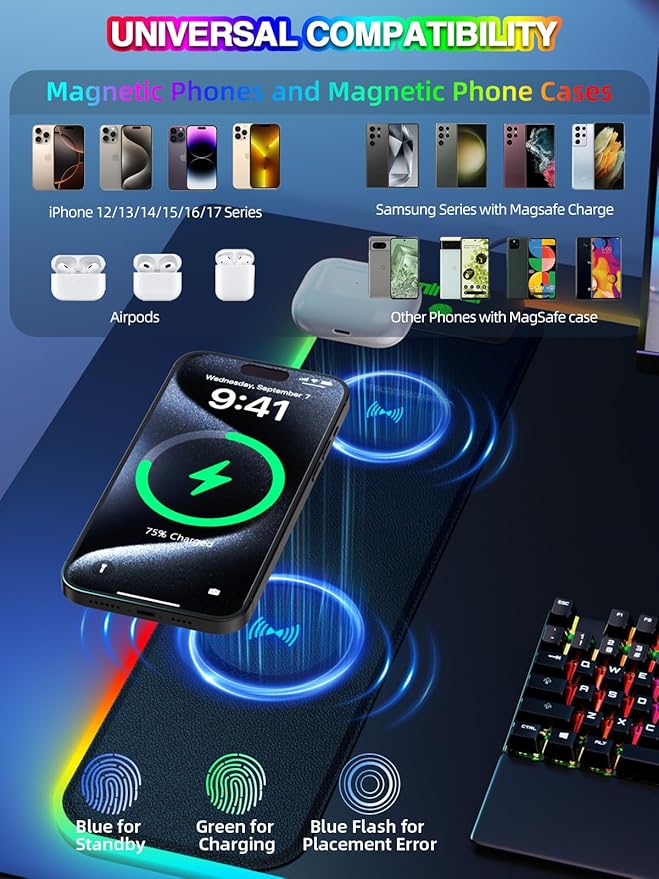 Mouse Pad with 15W Magnetic Wireless Charging, RGB Mousepad - Image 2
