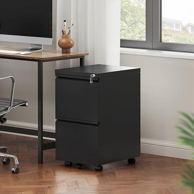 YITAHOME 2 Drawer File Cabinet with Lock, Mobile Metal Filing Cabinet for Letters/Legal/A4 Size, Home Office & Business Enterprise, Fully Assembled Except Wheels, Black-DeskLoop Office
