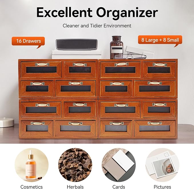 Vintage Wooden Drawers Organizer, 16-Drawer Desktop Storage Box - Image 4