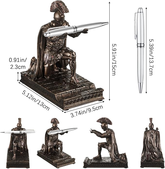 Spakon Knight Pen Holder with 2 Pens Resin Desk Organizers and Accessories Funny Executive Pen Stand Fancy Cool Office Gadgets Cool Desk Decorations for Men Home Supplies (Roman,Bronze)-DeskLoop Office
