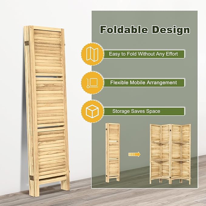 NicBex 4 Panel Room Divider,5.6FT Wood Carved Room Dividers with Display Shelves Folding Privacy Screens Portable Freestanding Partition Wall Dividers for Room Separation, Bedroom Office,Natural Wood-DeskLoop Office
