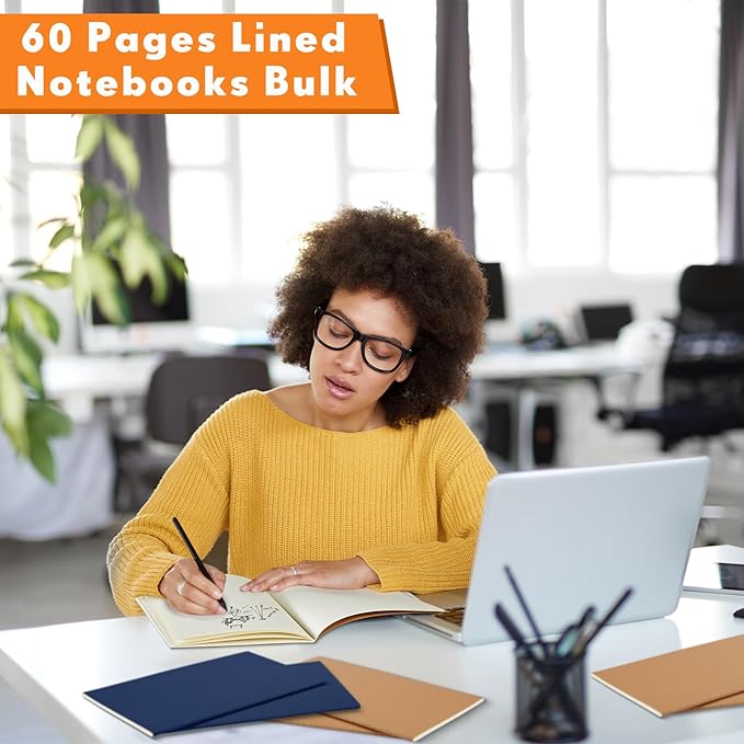 Mimorou 100 Pcs Kraft Notebook Journals 5.5 Inch x 8.3 Inch A5 Softcover Notebooks Bulk for Writing Sketch Office Notepad with 60 Pages 30 Sheets(Brown, Navy,Lined)-DeskLoop Office