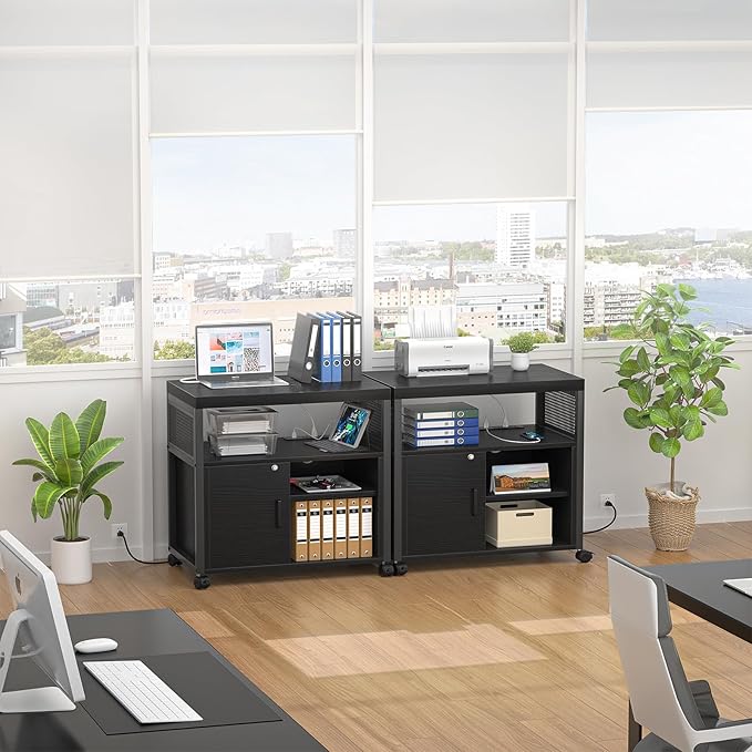 Unikito Lateral File Cabinet, Locking Office Filing Cabinets with Socket and USB Charging Port, Modern Rolling Printer Stand with Storage for A4, Letter Size and File Folders, Black-DeskLoop Office