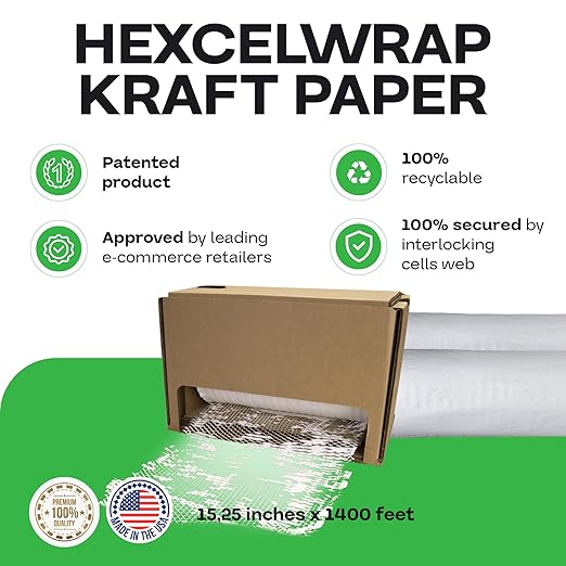 IDL Packaging Original HexcelWrap Honeycomb Packing Kraft Paper 15.25" x 1400' Roll in Self-Dispensed Box, White - The First Patented Interlocking Slit Paper Design for Shipping