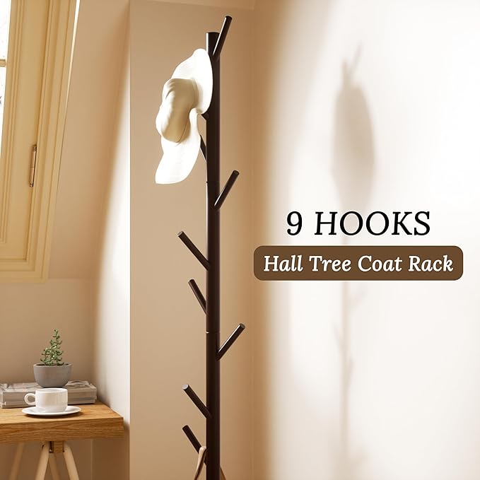 Wooden Freestanding Coat Tree with 4 Height Options and 9 Hooks, Sturdy Coat Rack Stand for Clothes/Bags/Hats, Save Space Coat Rack for Entryway, Bedroom, Office, Narrow Place (Coffee)-DeskLoop Office