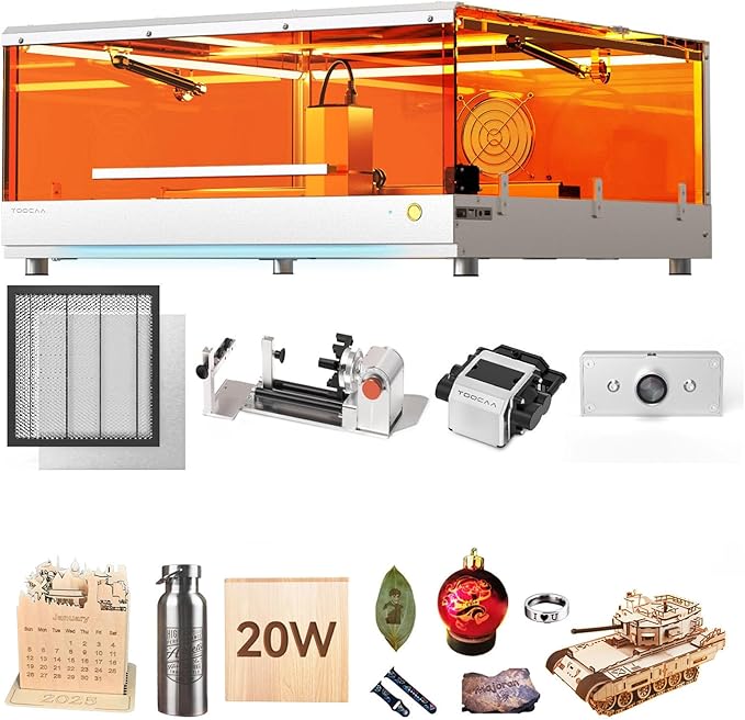 TOOCAA 20w Laser Engraver with 5 in 1 Rotary Roller Set, Smart Camera,Air Assist,Honeycomb Panel, 22" x 22" Bed Size,Safe Laser Engraving Cutting Machine Expert for Metal Tumblers Wood Acrylic-DeskLoop Office