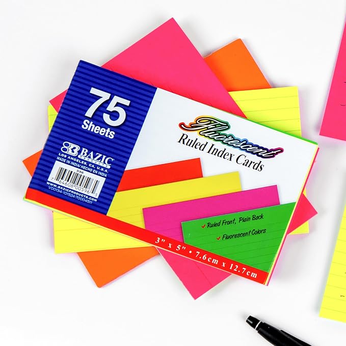BAZIC Products Fluorescent Ruled Index Cards, 3 x 5 in, 75 Ct, 36-Case | fully - Image 6