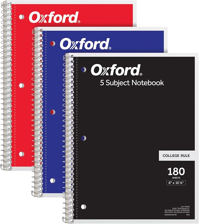 Oxford Spiral Notebook, 5 Subject Writing Journal, 3-Hole Punch, College Ruled by Oxford