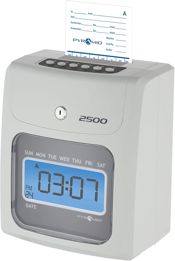 Pyramid Time Systems - Model 2500 Auto Aligning and Top Loading Time Clock [2500K1] Bundle Includes: Time Clock, 100 Time Cards, 2 Ink Ribbon cartridges, one 10 slot time card rack and 2 Security Keys-DeskLoop Office