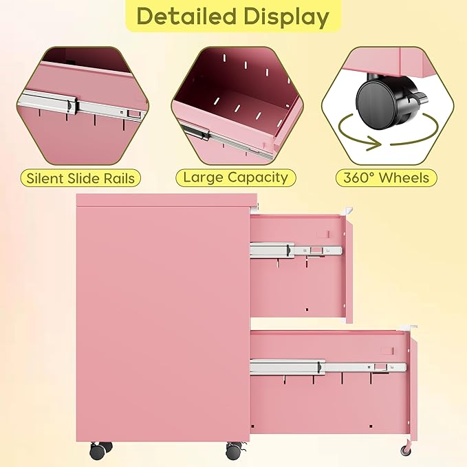 Aobabo Metal 2 Drawer Office File Cabinet with Lock, Under Desk Office Steel Files Cabinet on Wheels, 25.6''H Legal/Letter A4 Size, Fully Assembled Except Wheels,Pink-DeskLoop Office